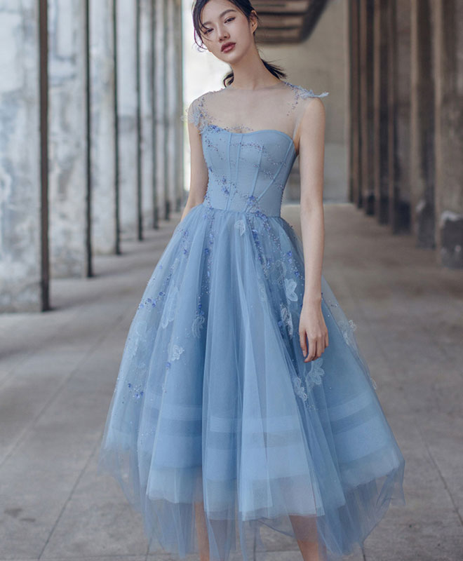 Blue tulle short prom dress blue ...